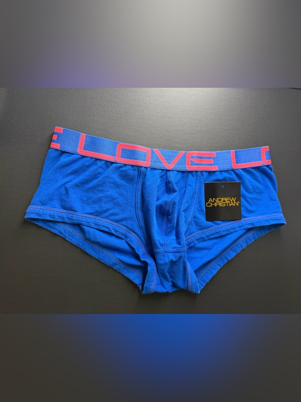Andrew Christian Love Trunks Large Blue with Pink Lettering